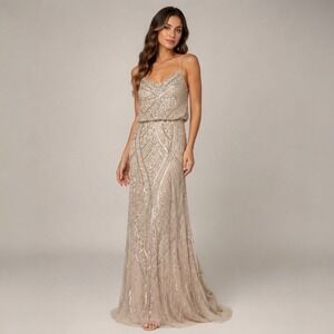 Adrianna Papell Beaded Sequin Nude Evening Gown Formal Dress Size 0